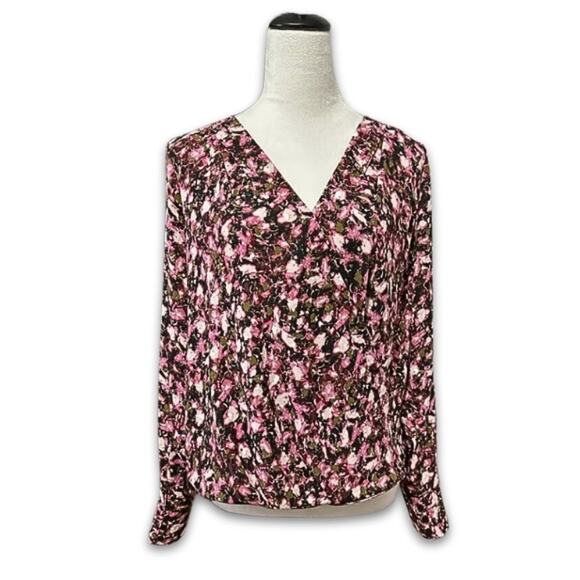 Halogen Classic Blouse Long Sleeves V-Neckline Sleek Floral Multicolor W S NWOT - Picture 1 of 8